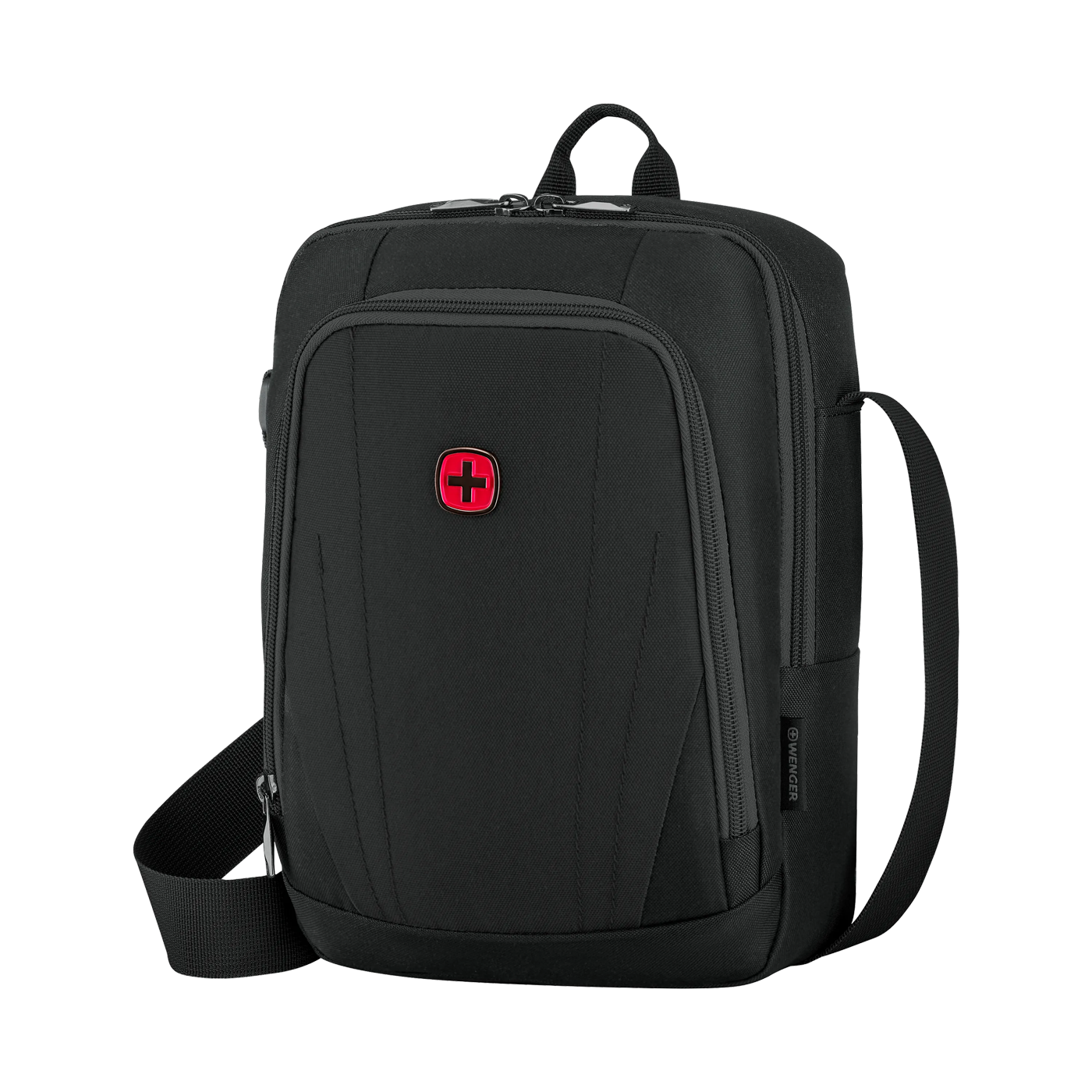 Black shoulder bag with red cross and zipper, by Wenger, for carrying items.
