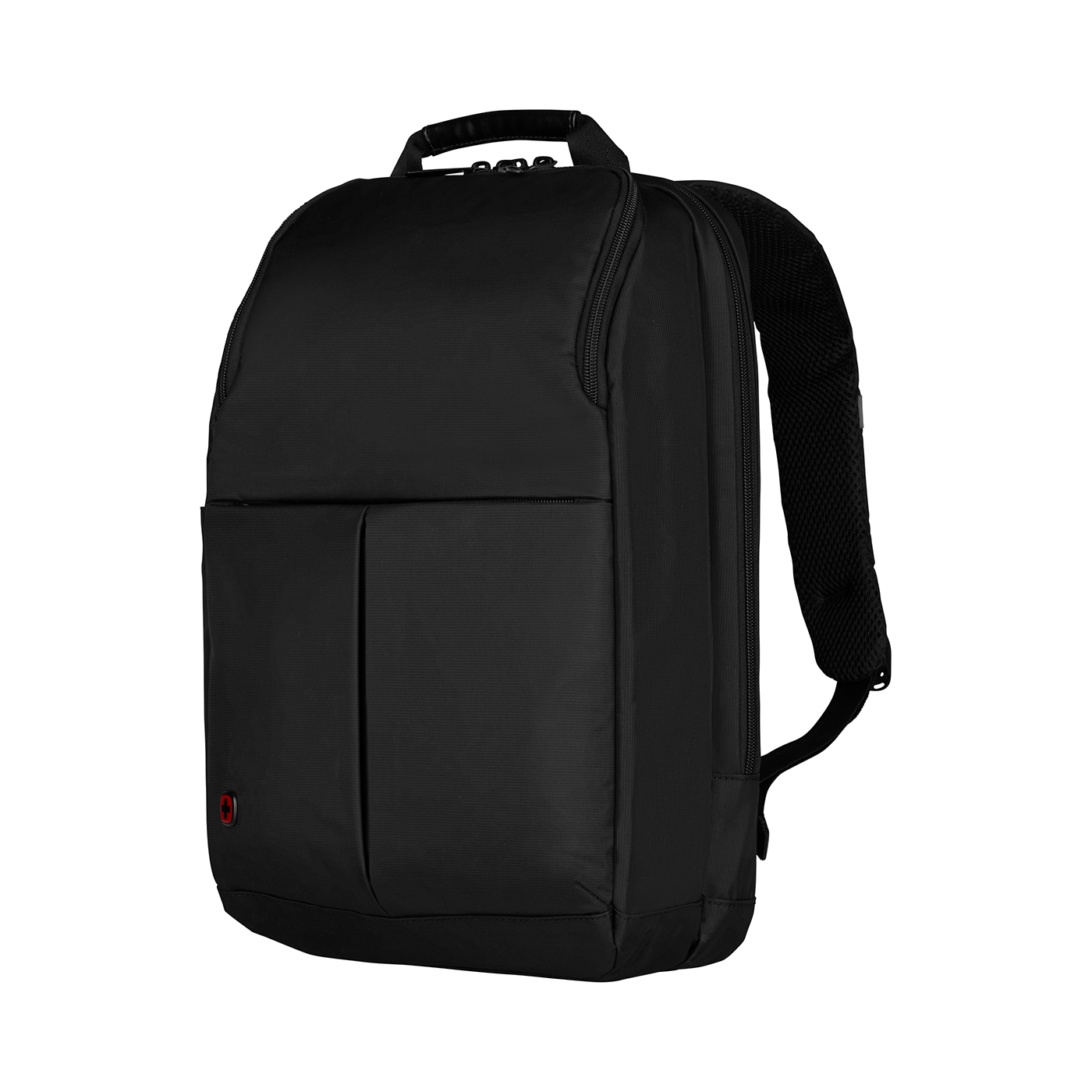 Black backpack with zipper and red accent on a black background, modern design.