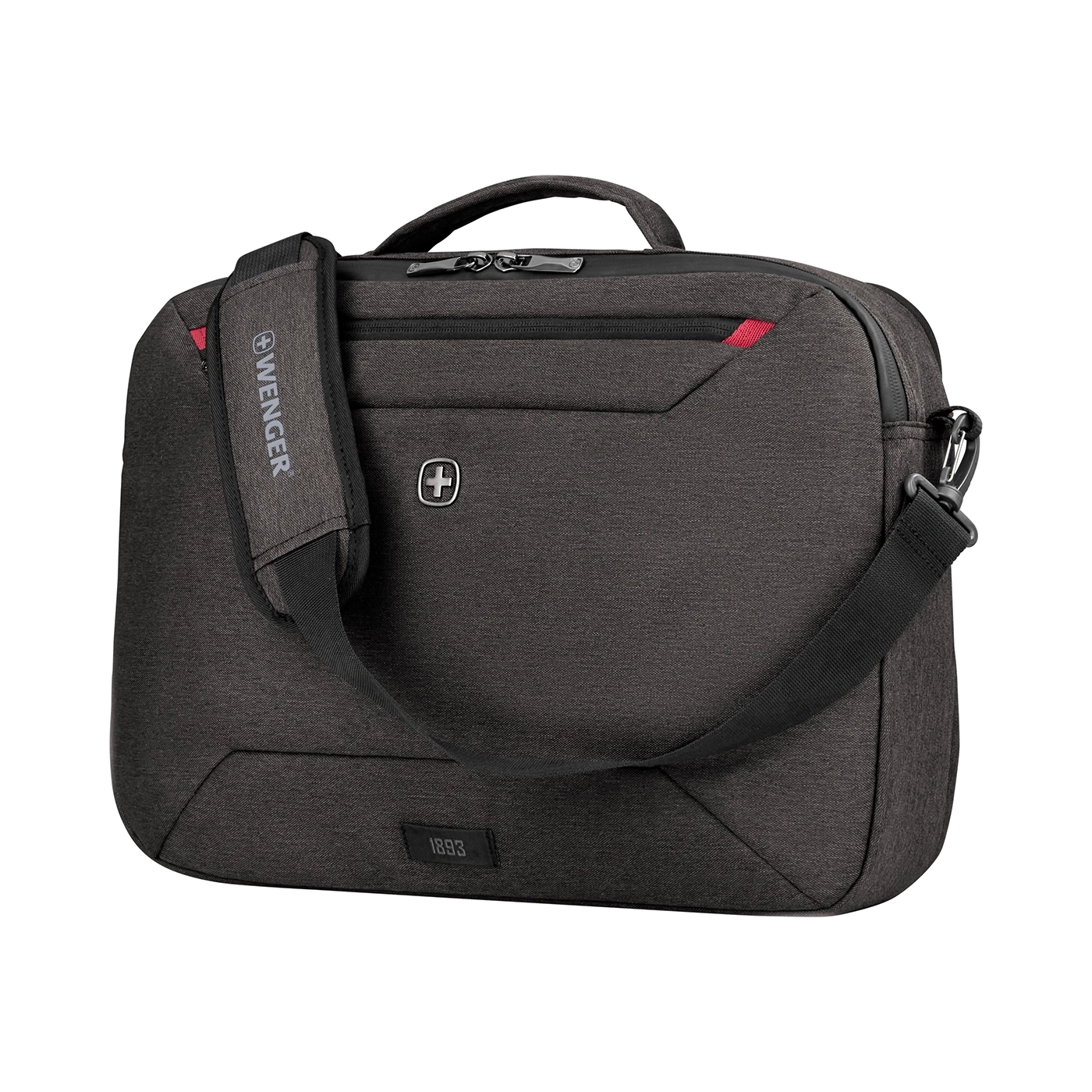 Dark gray Wenger bag with shoulder strap and logo on a black background.