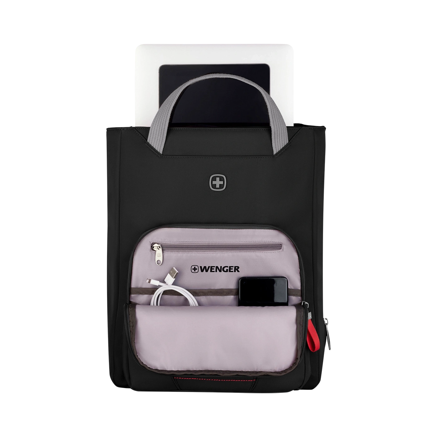 Black backpack with gray handle and Wenger logo, with accessories inside the pocket.