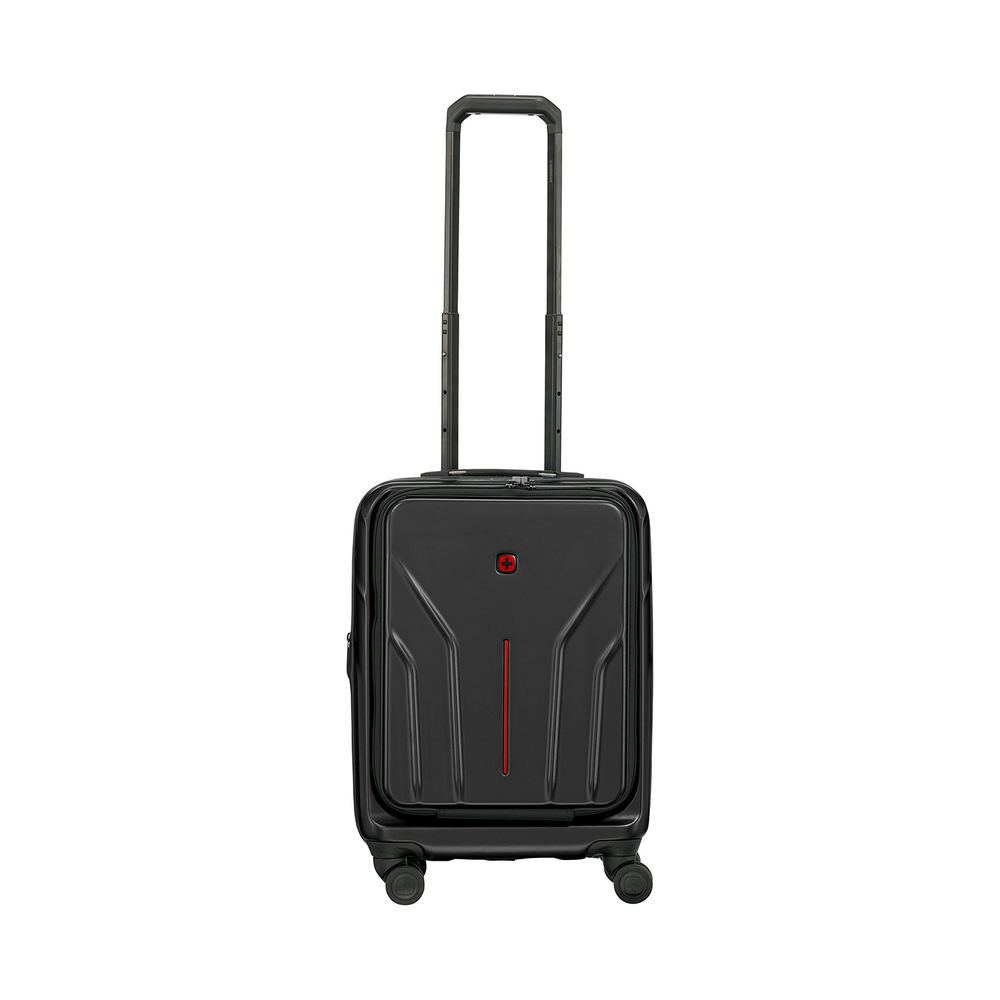 Black suitcase with red line and handle isolated on white background