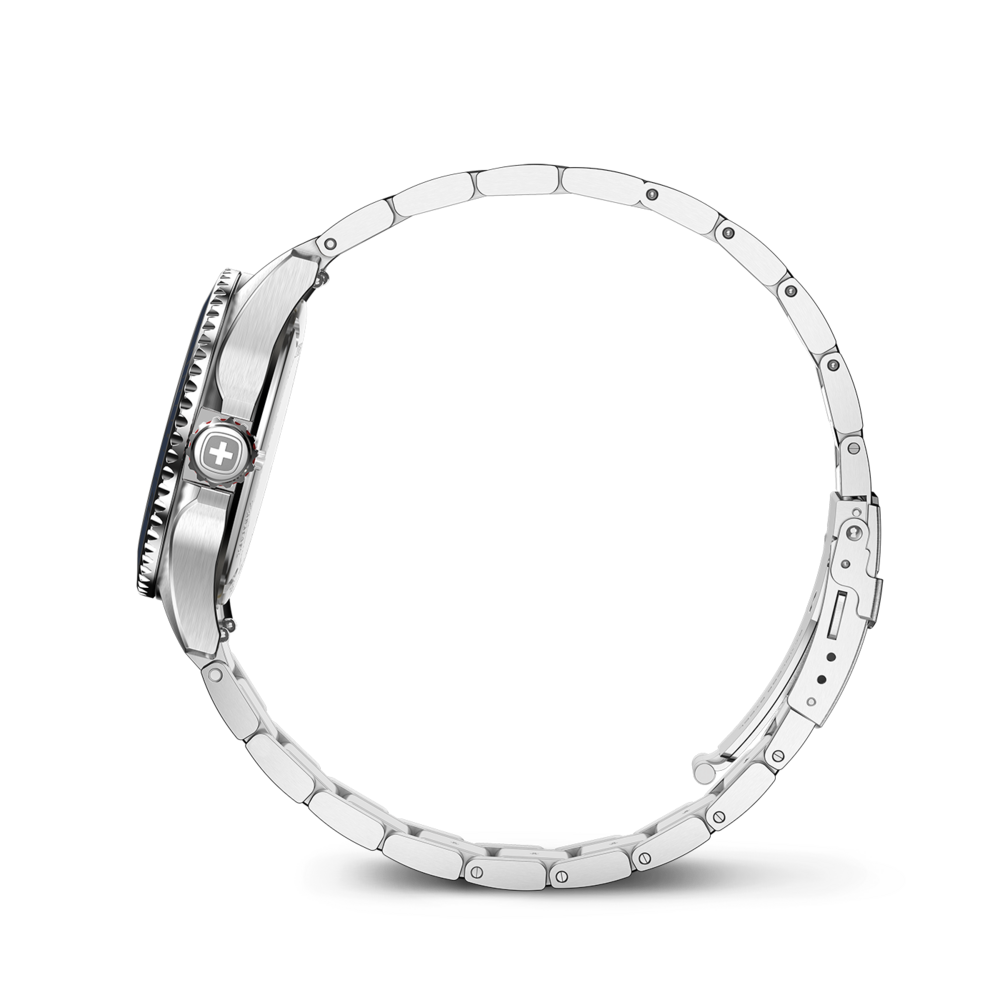 A silver wristwatch with a metal bracelet shown in profile.