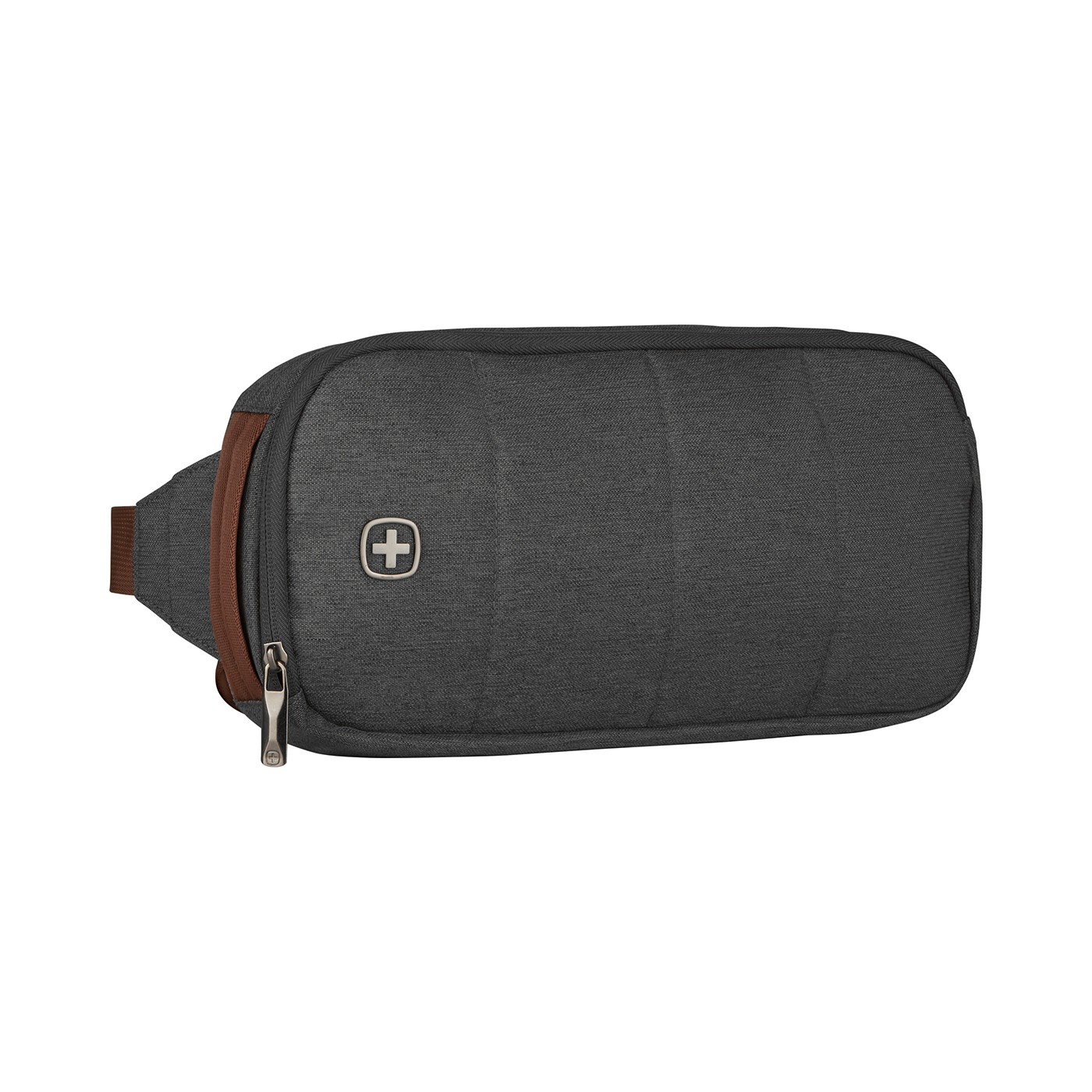 Dark gray fanny pack with brown accents and a silver zipper