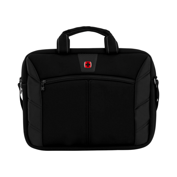 Black laptop bag with red Swiss cross logo.