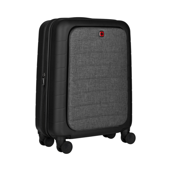 Black suitcase with gray fabric front and red logo on black background