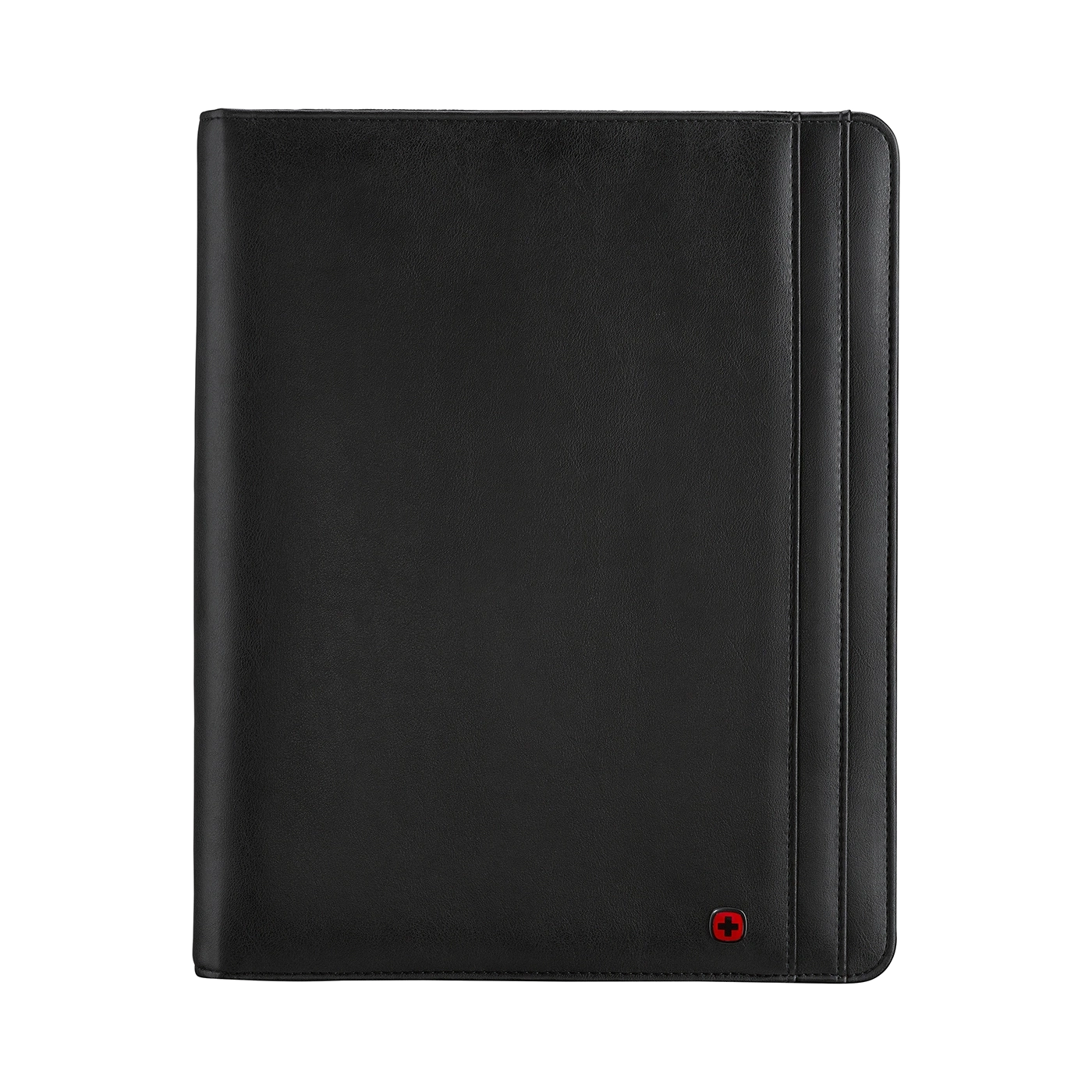 Black leather folder with red logo. Elegant design, business accessory.