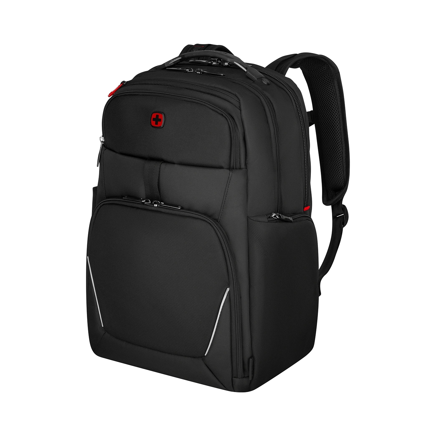 Black backpack with red cross and white stripes on a black background.