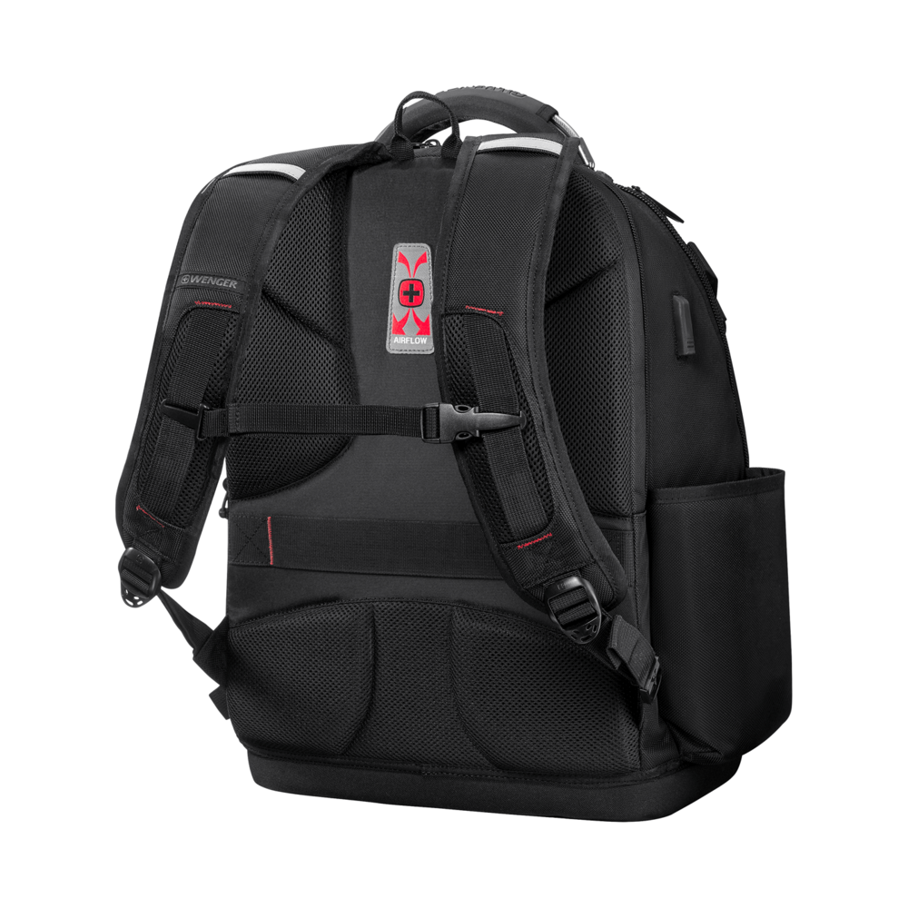 Schwarz Rucksack Rückseite Airflow-Logo Wenger-Schriftzug Seitenfach