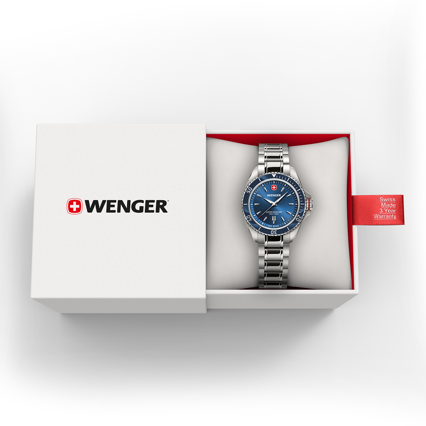 A Wenger watch in an open box with a red warranty tag.
