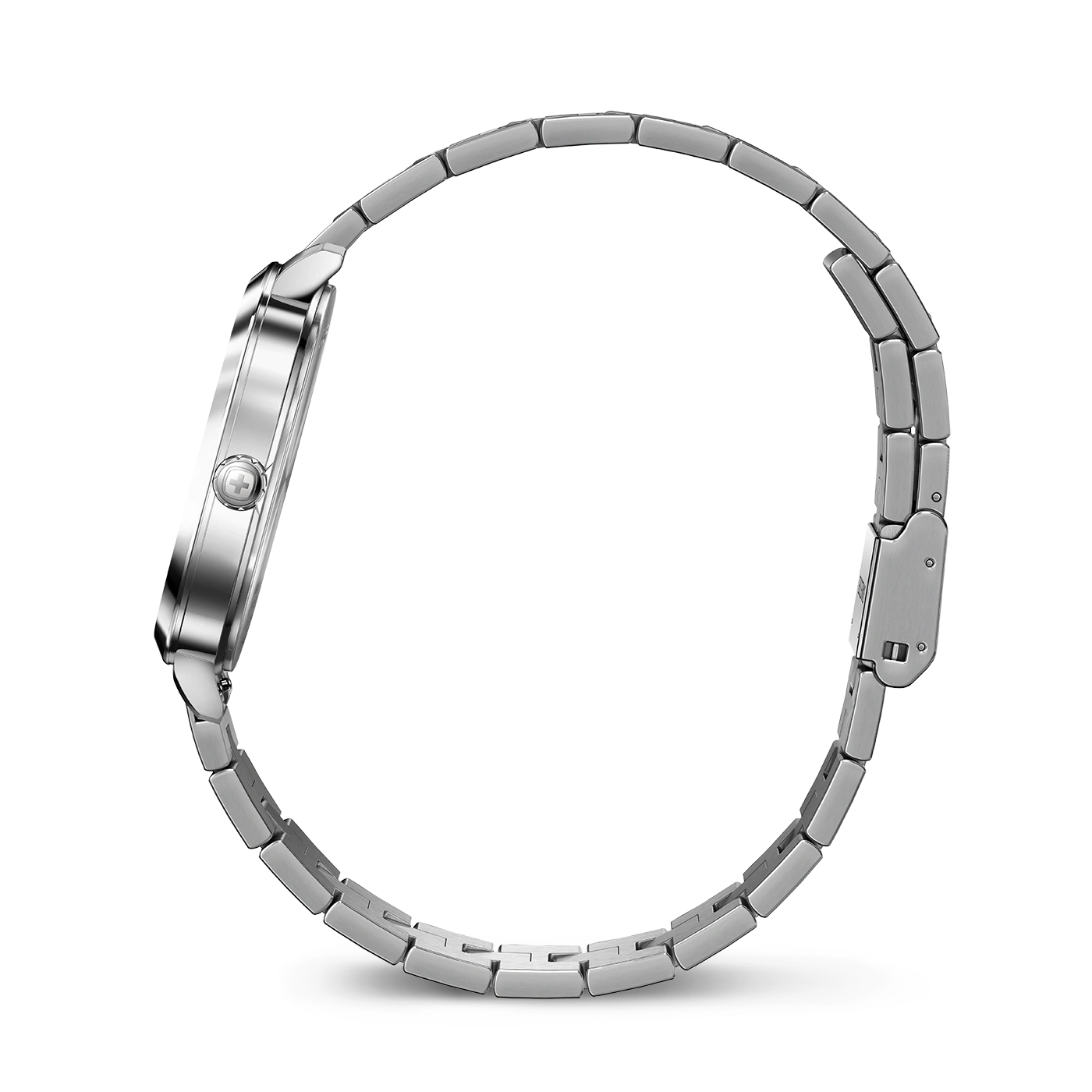 Silver watch with metal band, side view, elegant, modern accessory, timepiece