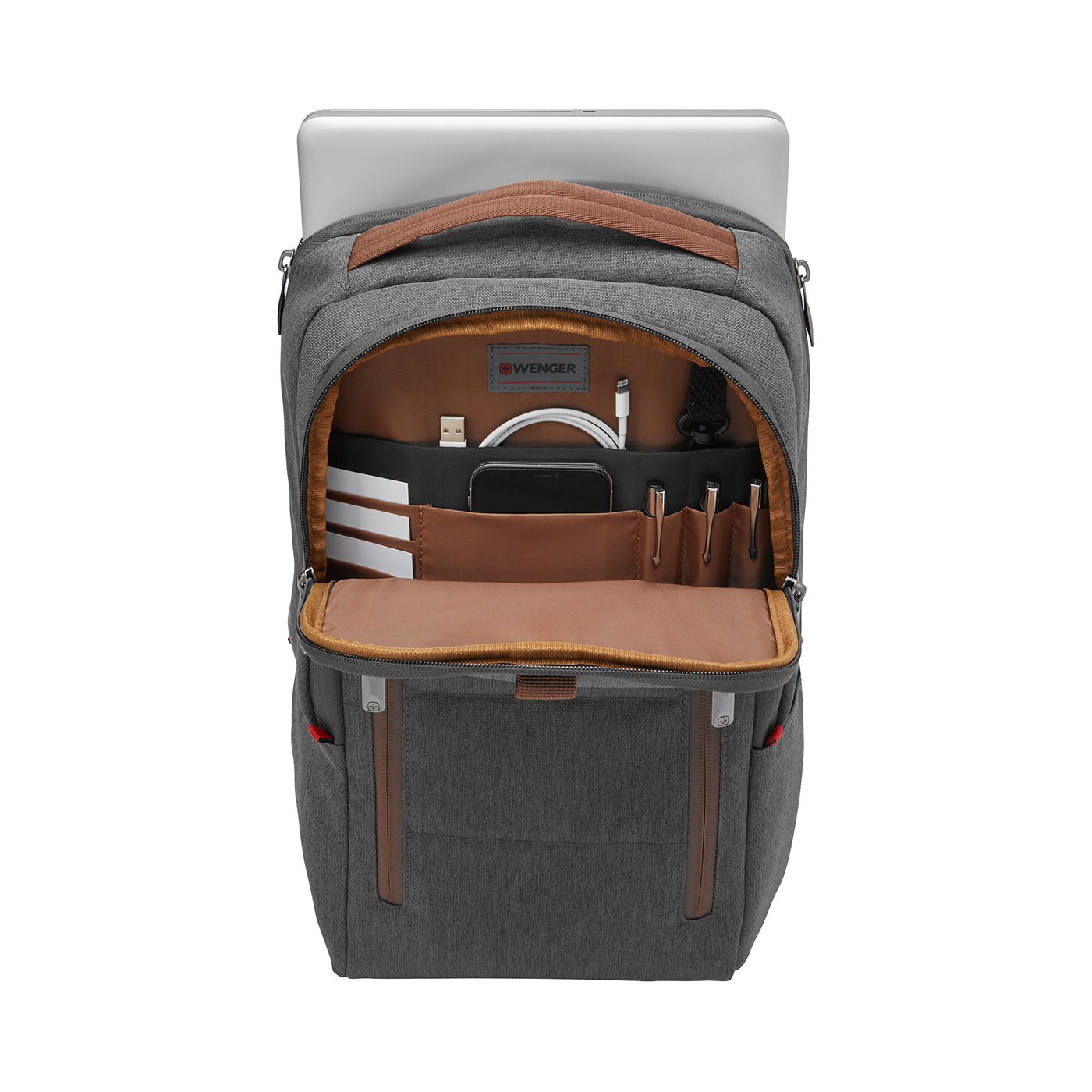 Grey backpack with brown accents, open, with laptop and accessories inside.