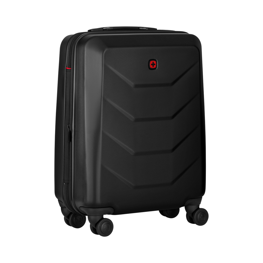 Black suitcase with wheels and red logo on a black background.
