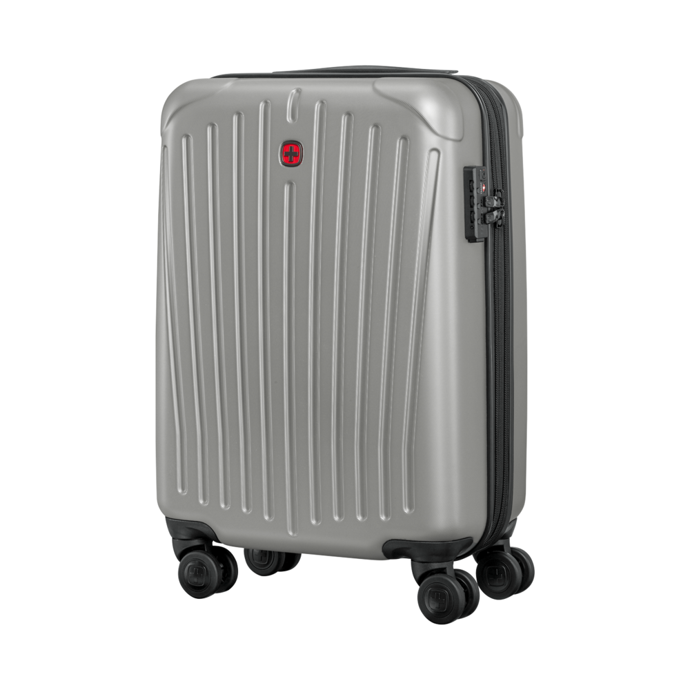 Silver suitcase with black wheels and zipper, brand Wenger, isolated on white