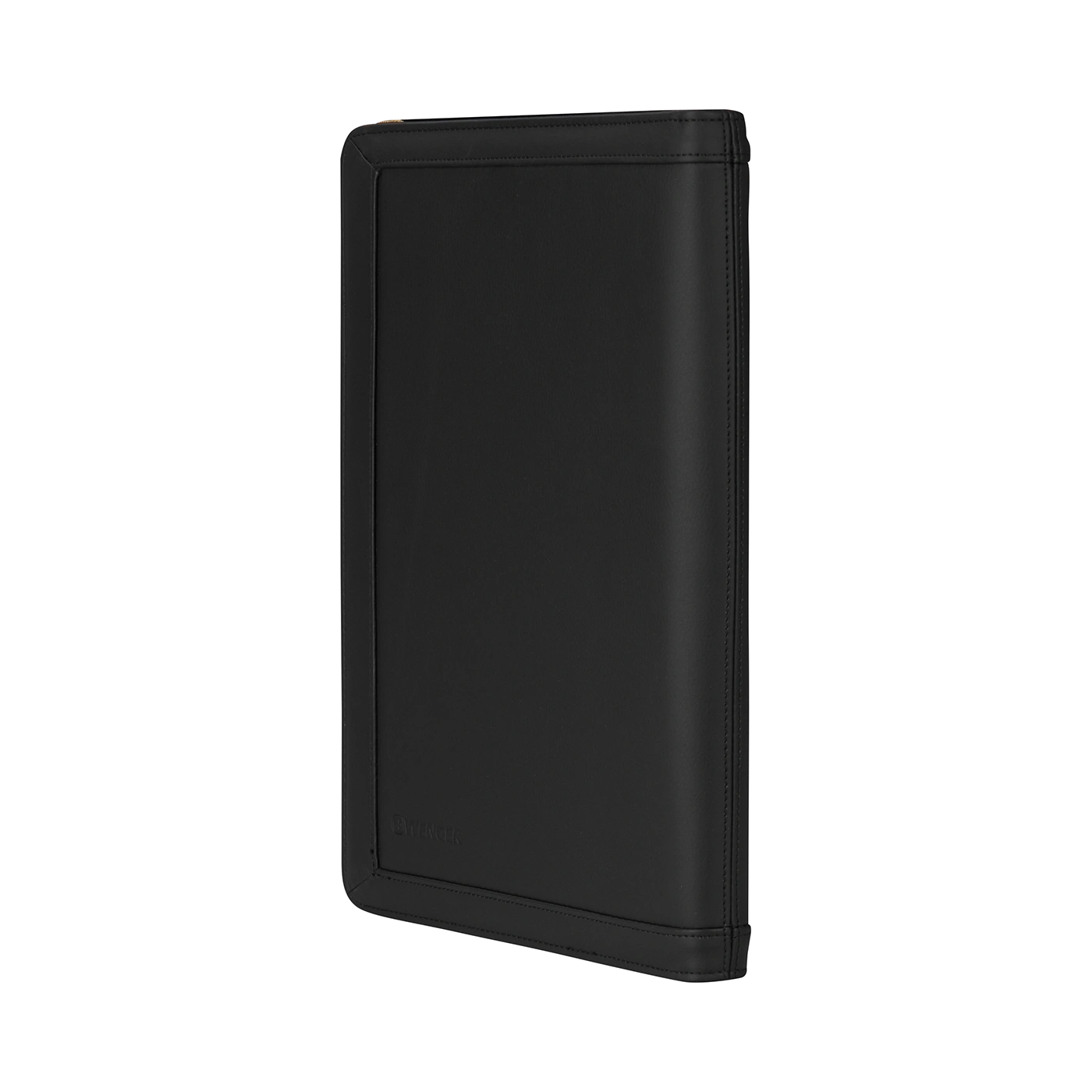 Black leather portfolio with zipper and logo, elegant and stylish design.