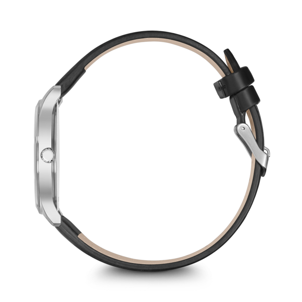 Side view of a watch with a black leather strap on a black background
