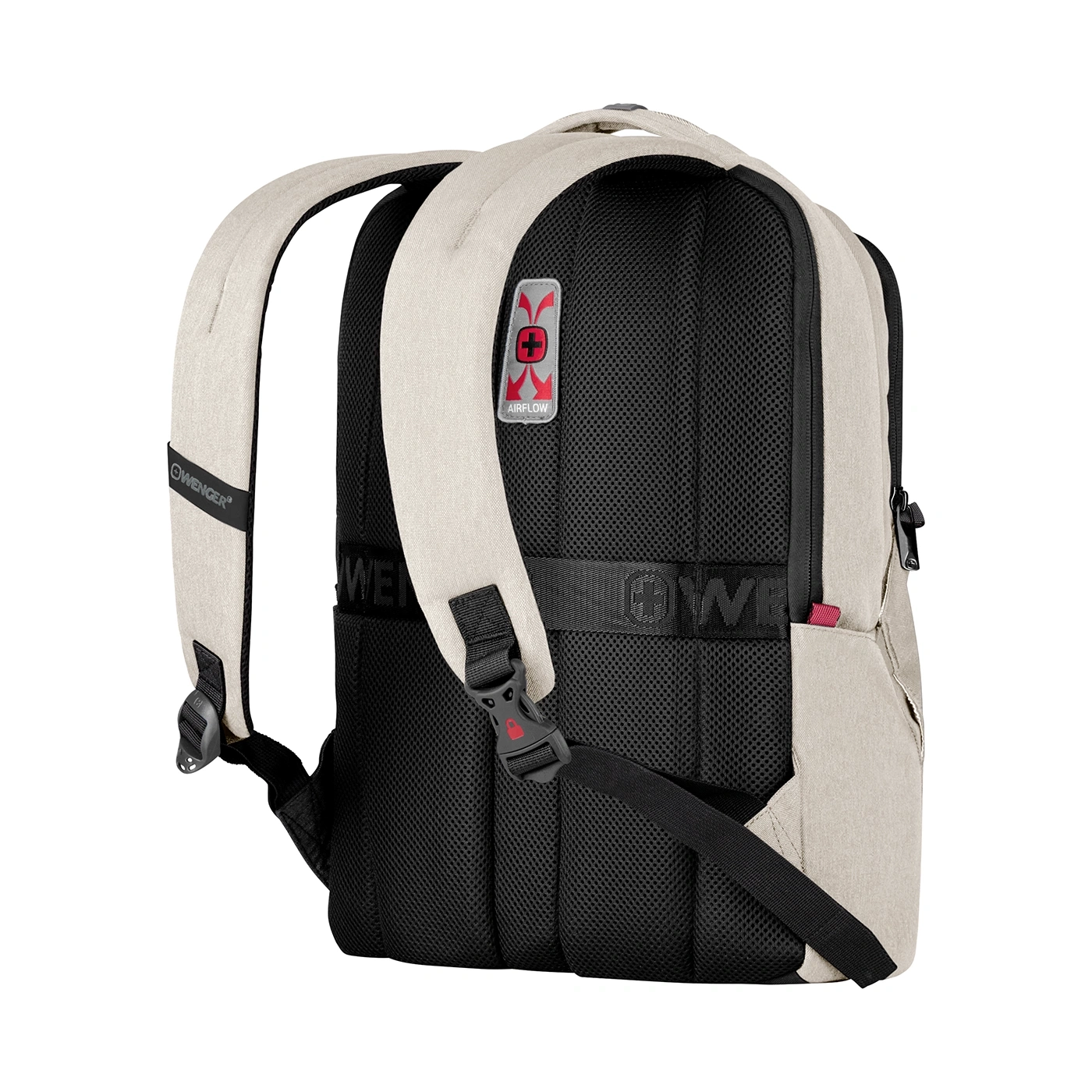Beige backpack with black mesh back and shoulder straps, Wenger logo visible.