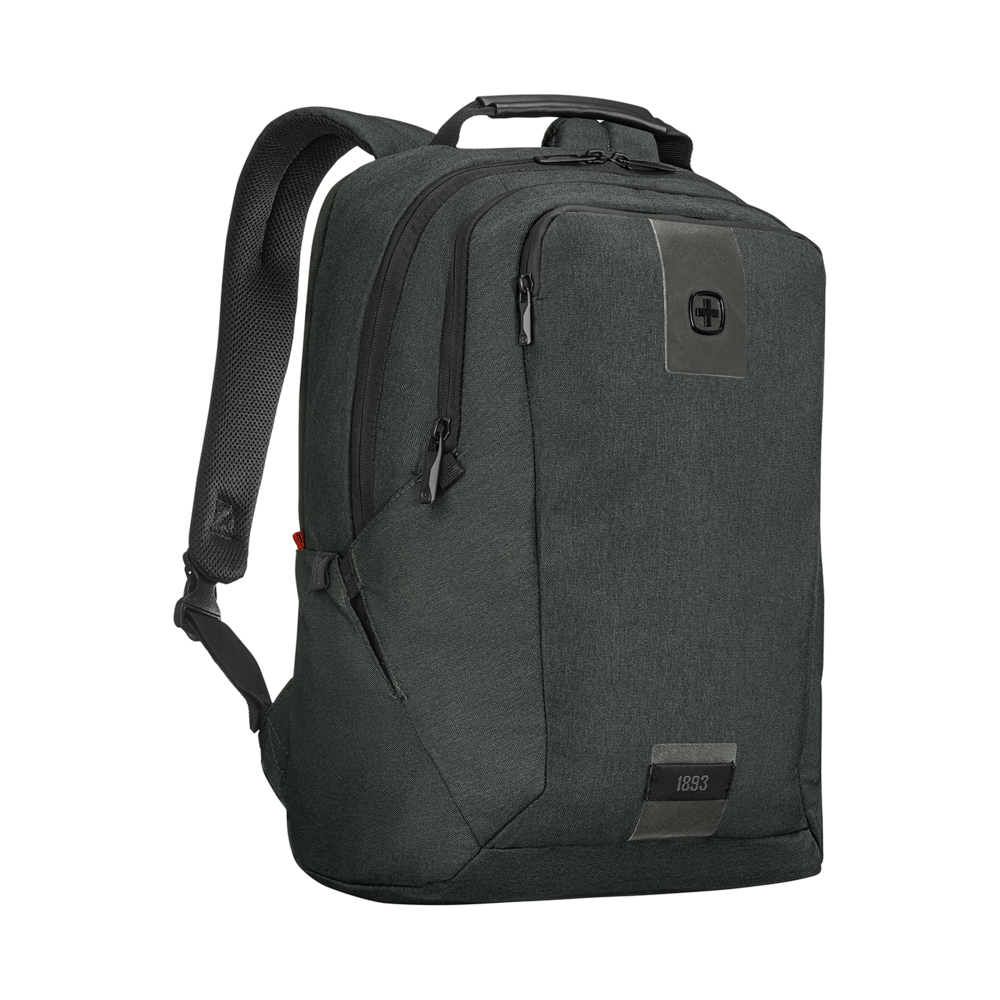 Dark gray backpack with zippers, logo, and the year 1893