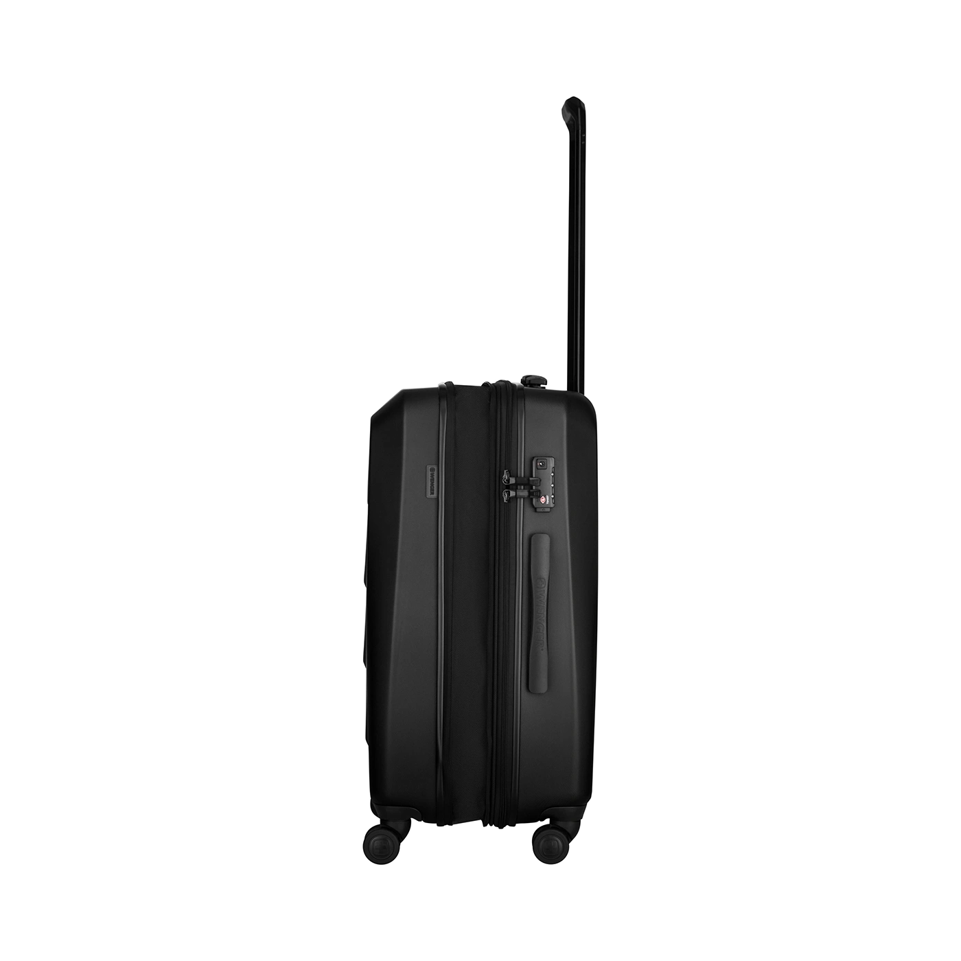 Black suitcase with retractable handle and wheels, side view against black background