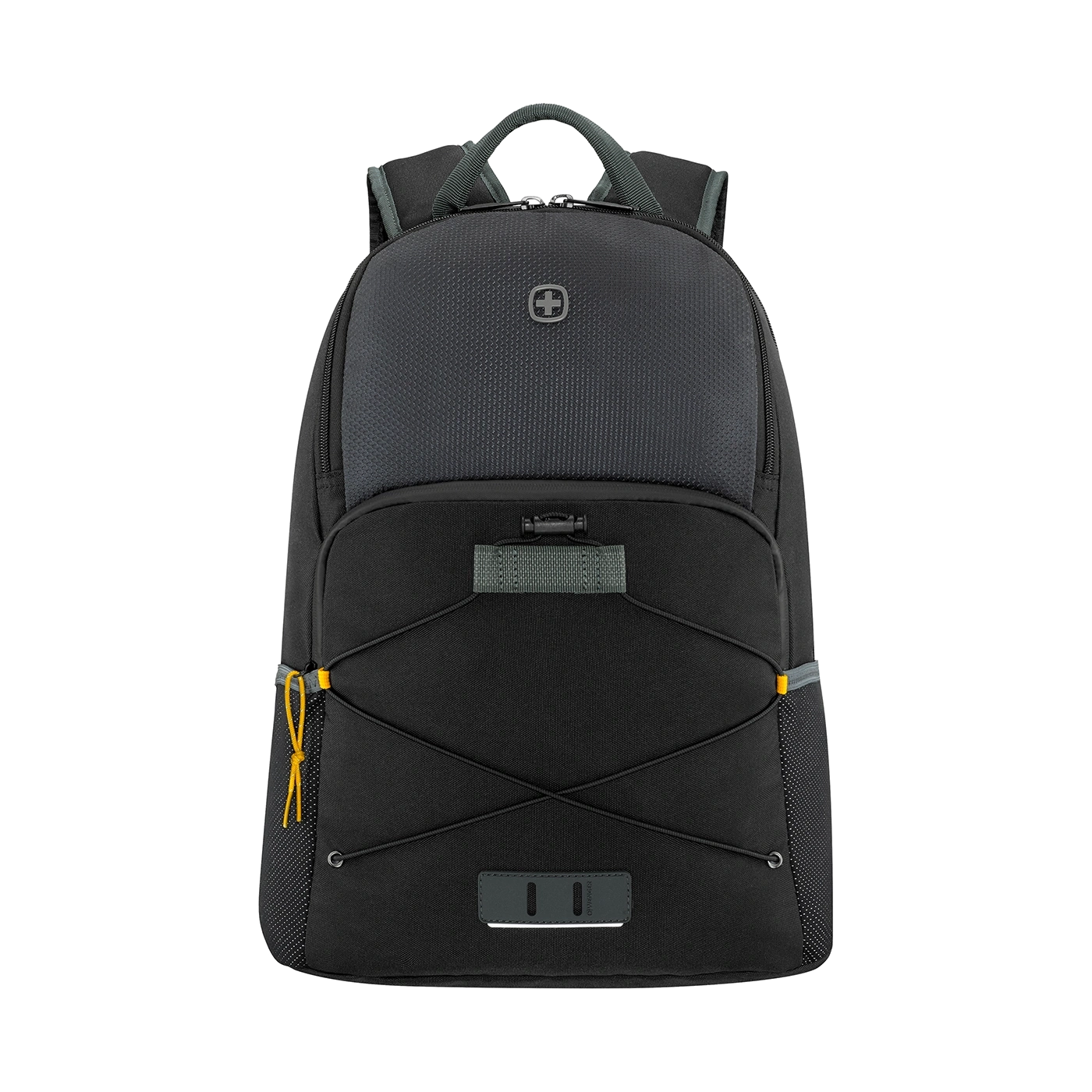 Black backpack with yellow accents and logo on a black background.