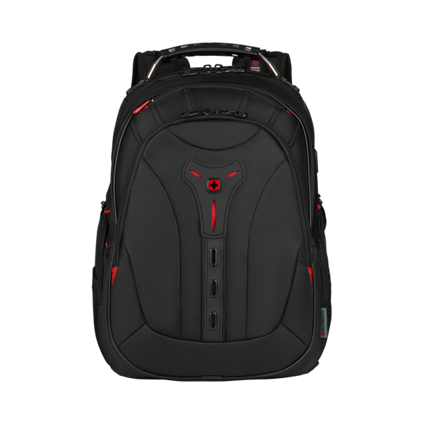 Black backpack with red accents and the Wenger logo, perfect for travel.