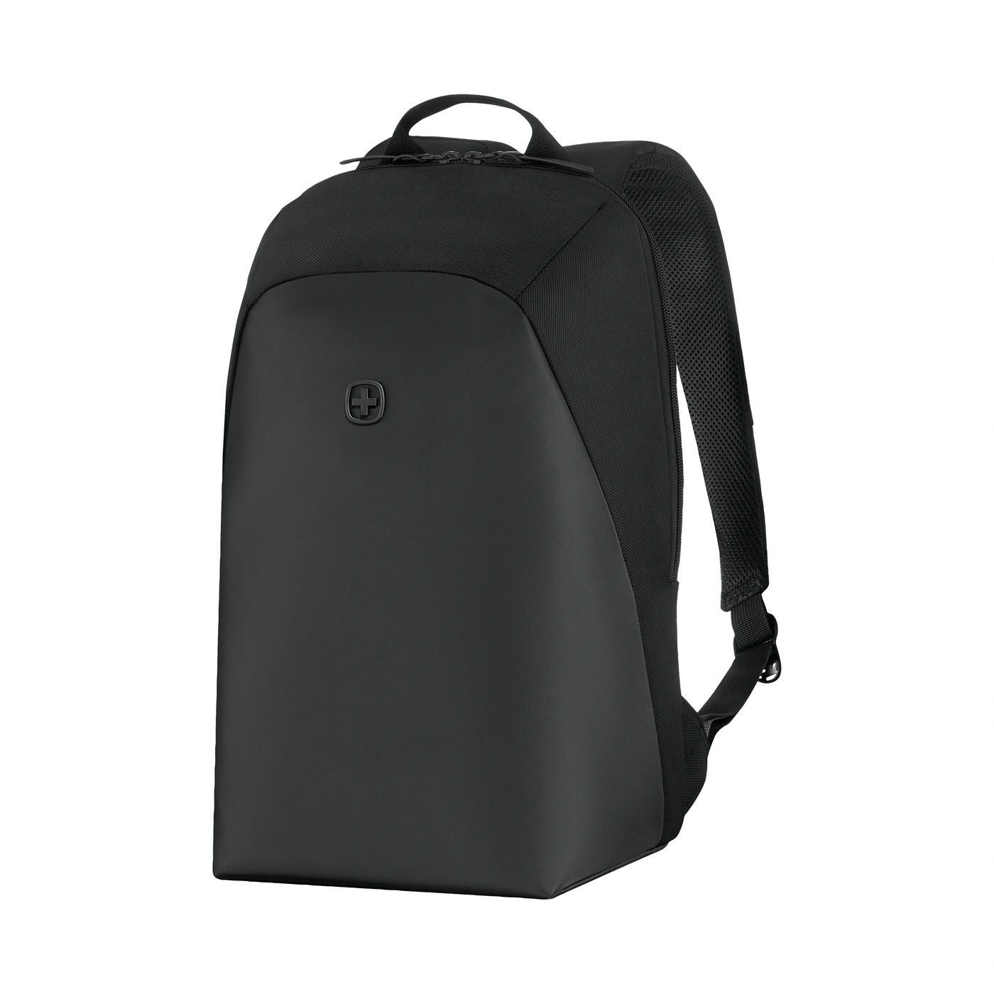 Black backpack with logo on the front and adjustable straps.