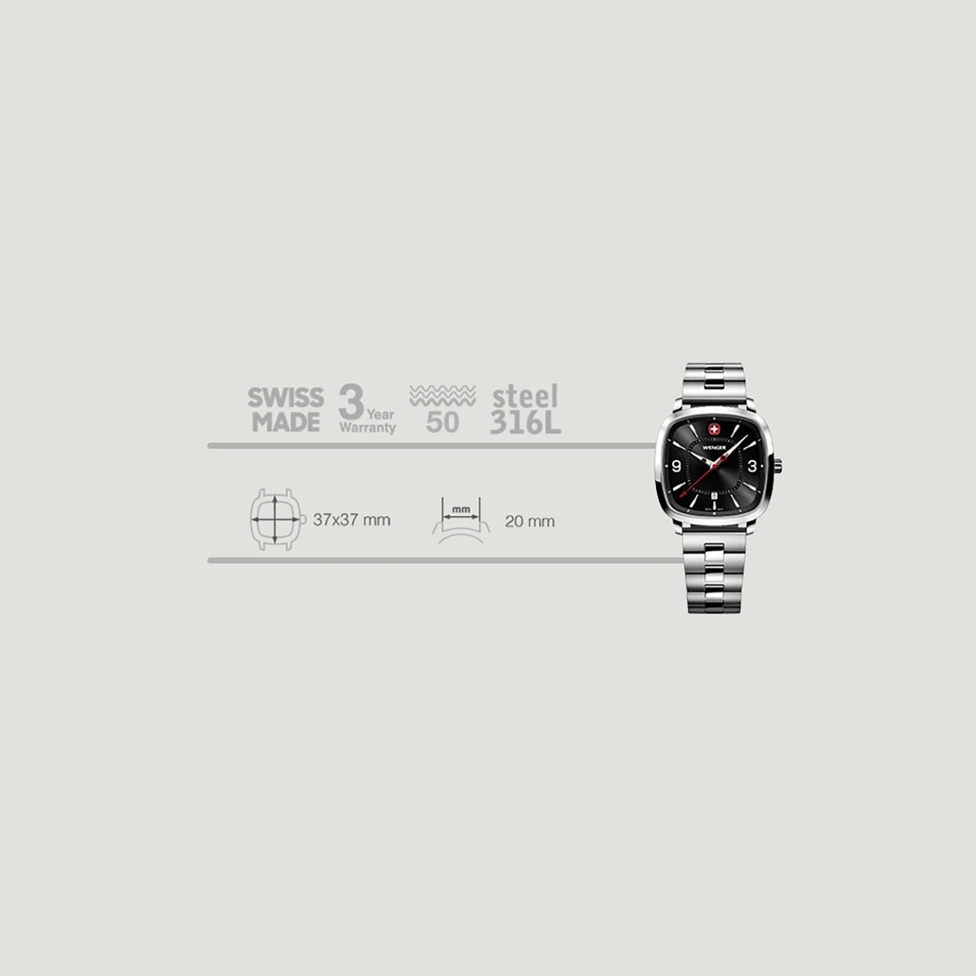 Swiss watch with steel bracelet, 3-year warranty, 37x37mm case, 20mm band width.