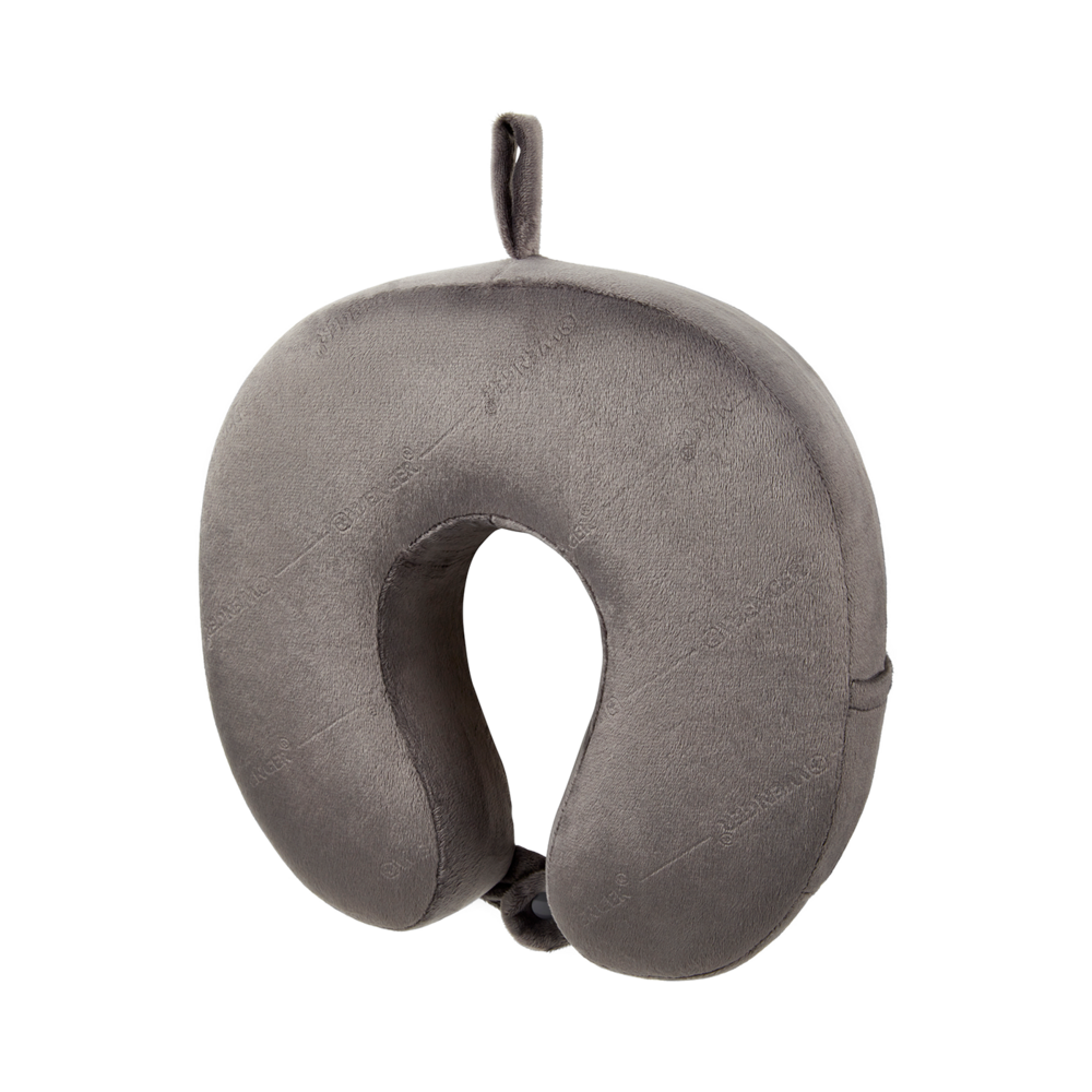 Gray neck pillow floating on black background with a loop for hanging.
