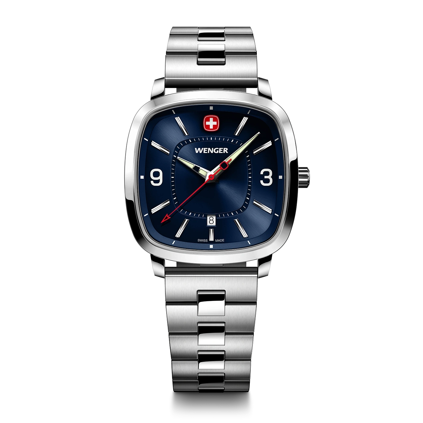 Wenger watch with blue face and silver band, close-up shot on black background