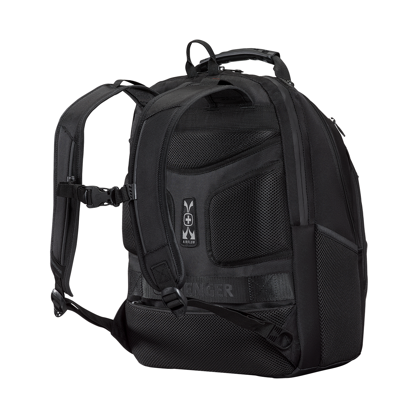 Black backpack with padded straps and airflow system, Wenger brand, side view.