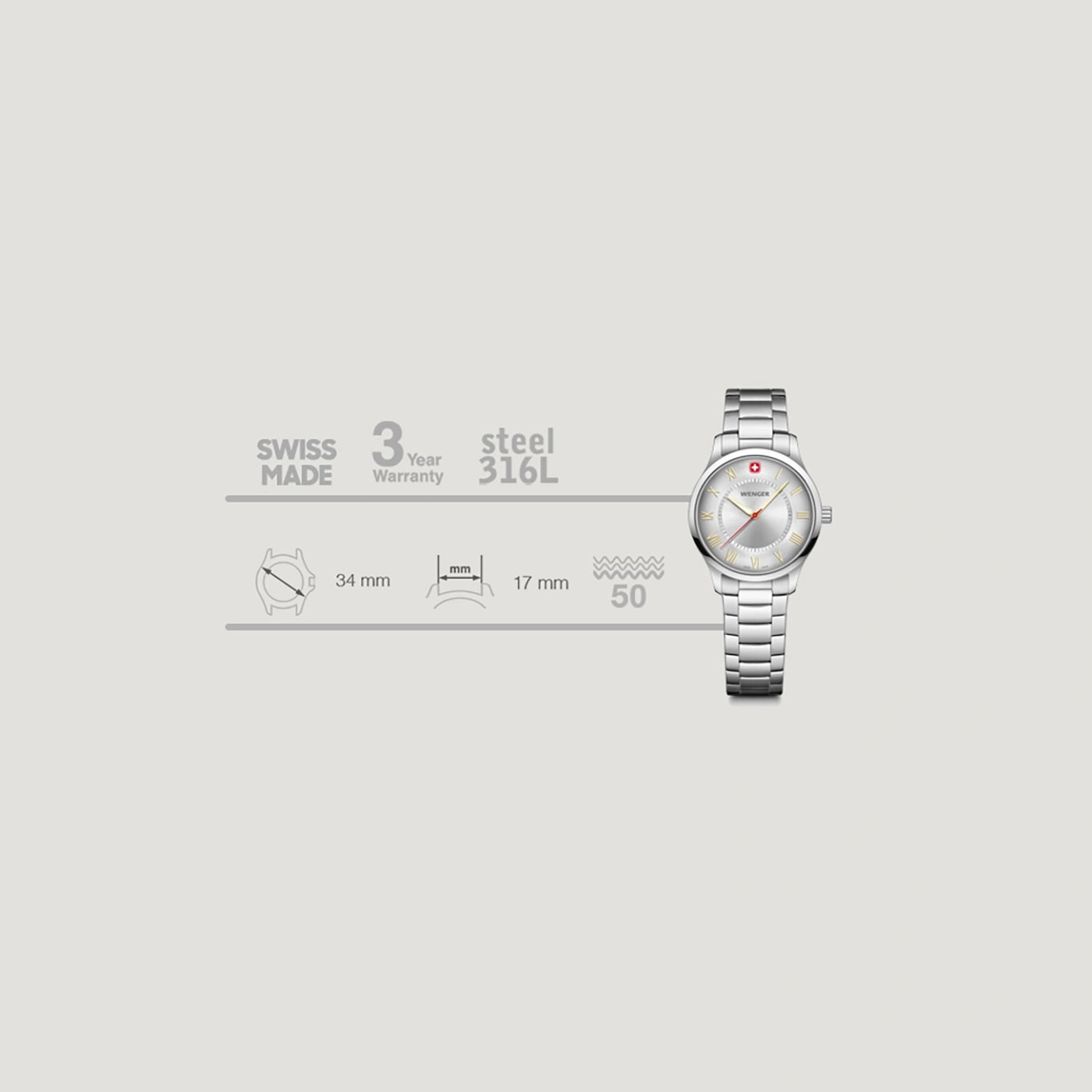 Swiss made watch, steel, 3 year warranty, 34mm diameter, 17mm width.