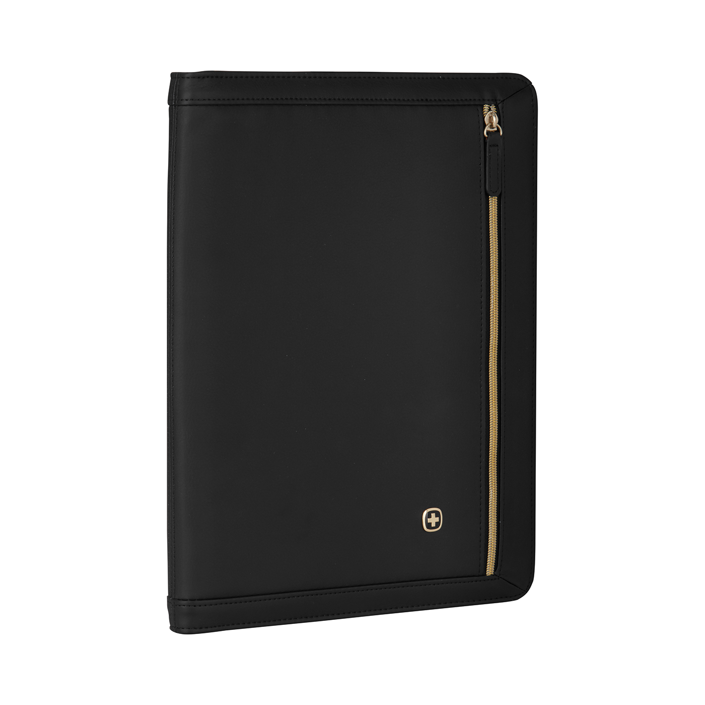 Black leather portfolio with zipper and gold logo, business accessory