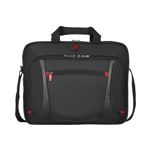 Black briefcase with red zipper and shoulder strap, Swissgear brand, isolated.