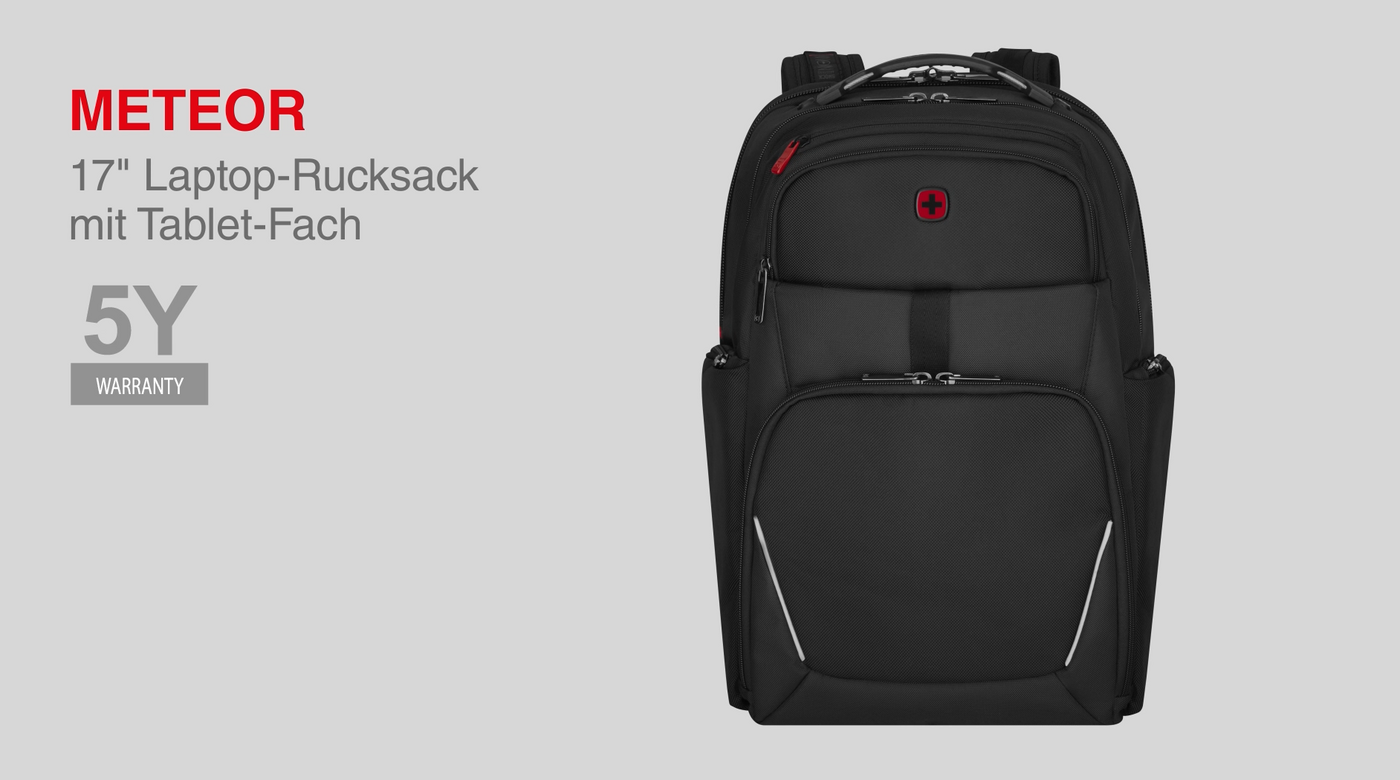 Black backpack with red zipper and 5 years warranty, laptop and tablet.