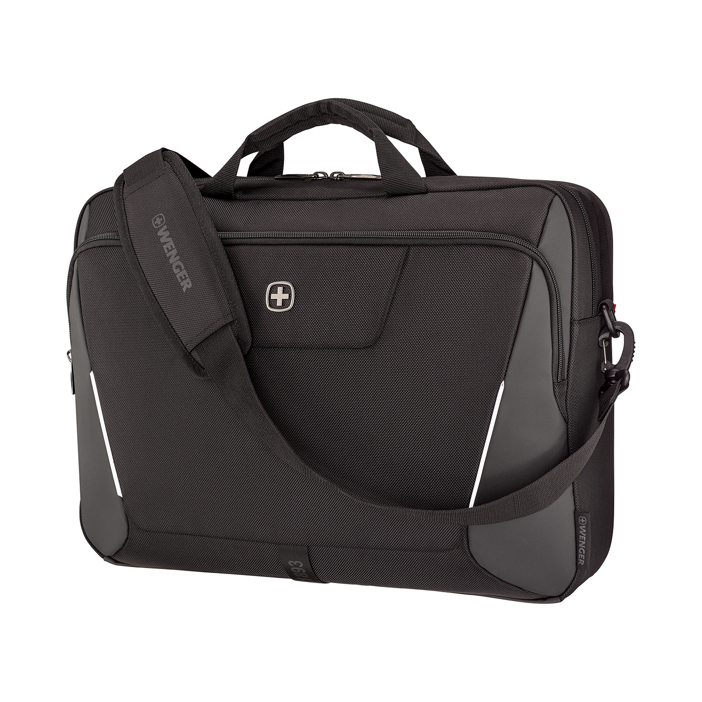 Black Wenger laptop bag with shoulder strap and logo on white background.