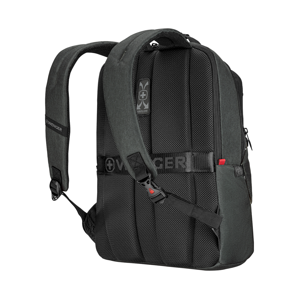 Black backpack with Airflow system and Wenger logo, detail shot, close-up view