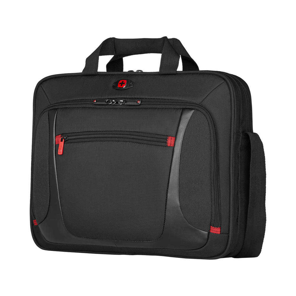 Black briefcase with red zipper and handle, Swissgear logo, business bag, office accessory