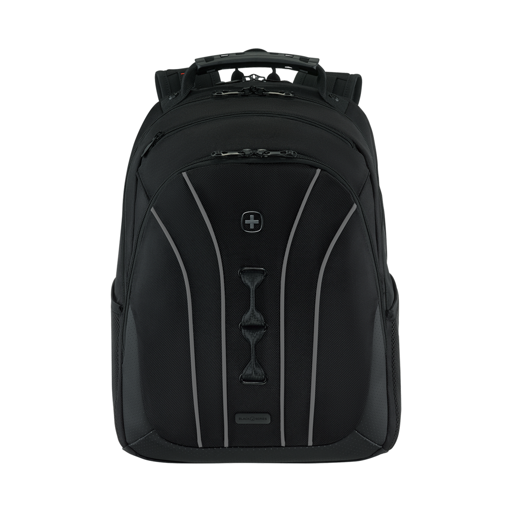 Black backpack with Swiss cross and reflective stripes, perfect for travel.