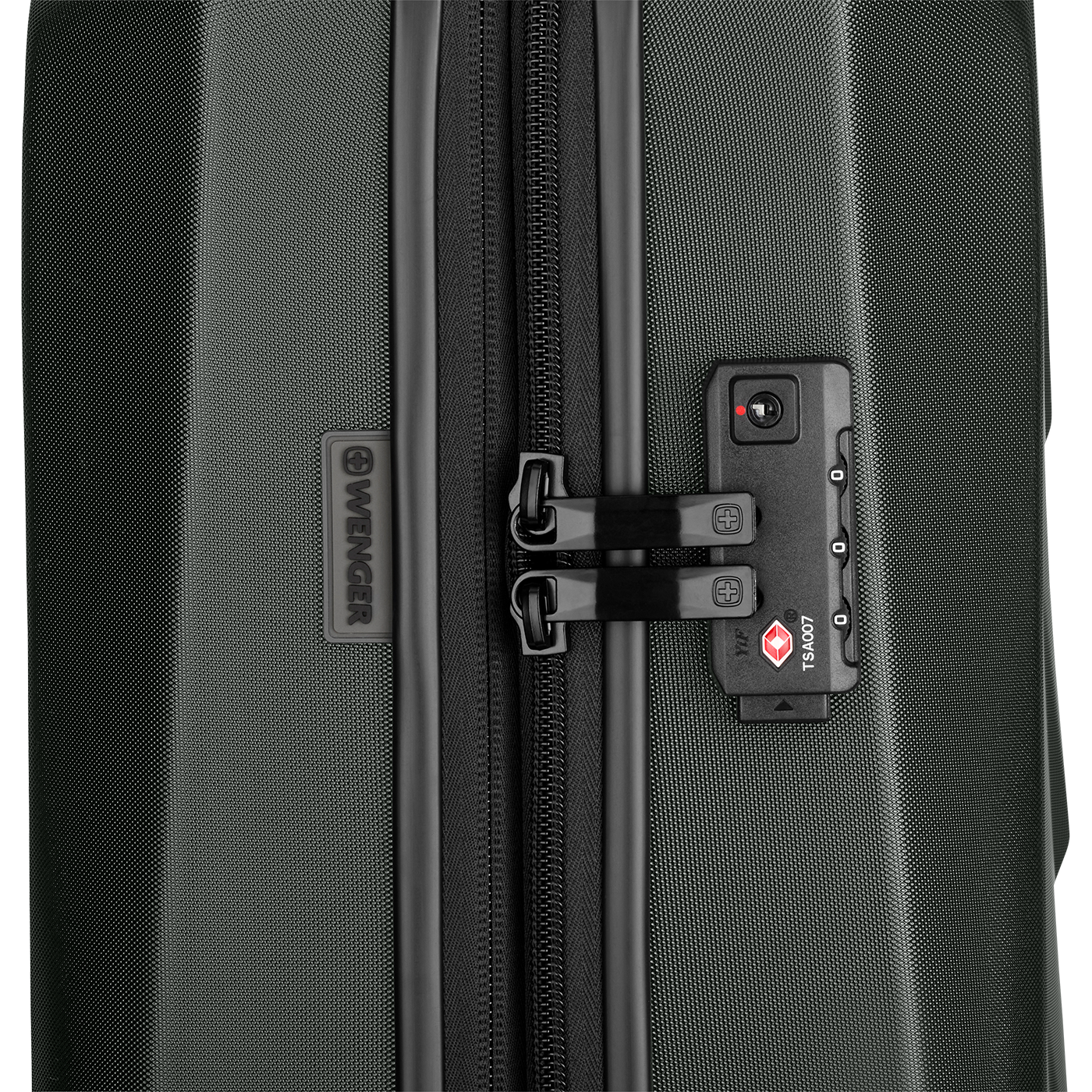 Black suitcase with zipper, lock, and Wenger logo, close-up shot.