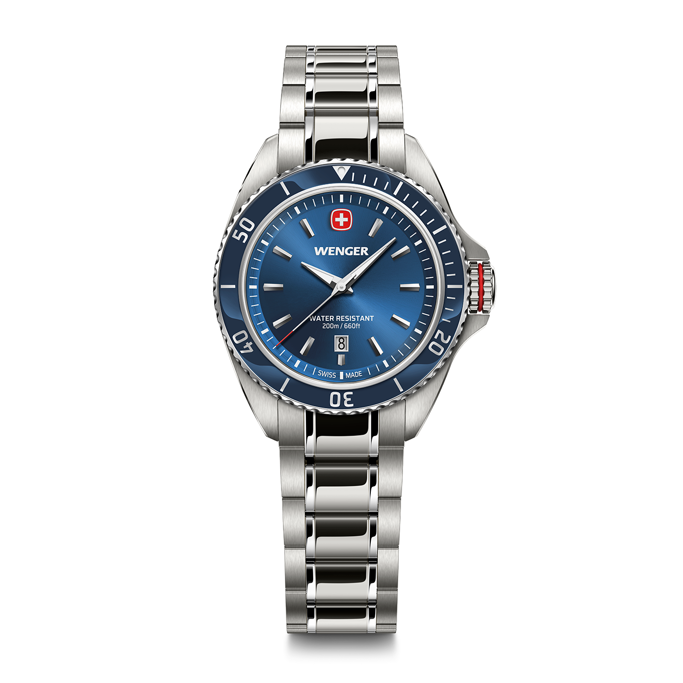 Wenger men's watch with blue dial and stainless steel bracelet.