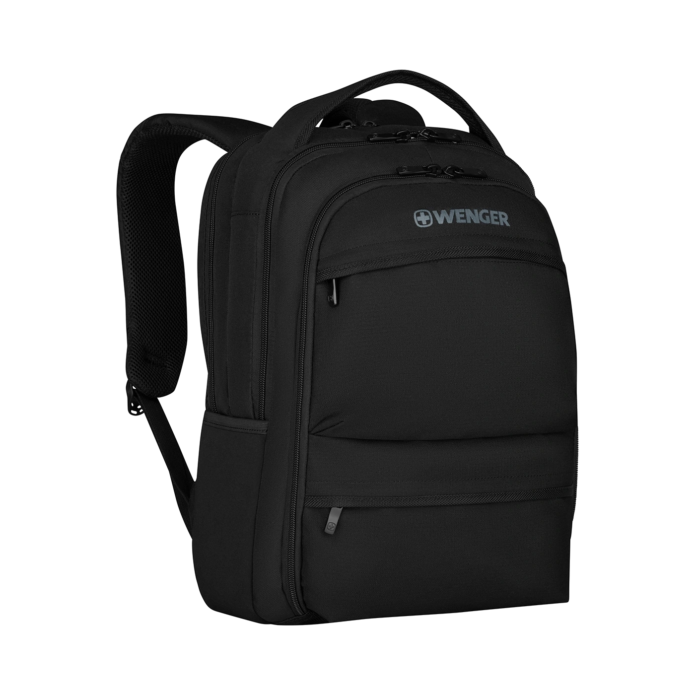 Black Wenger backpack with multiple compartments and zippers, perfect for travel.