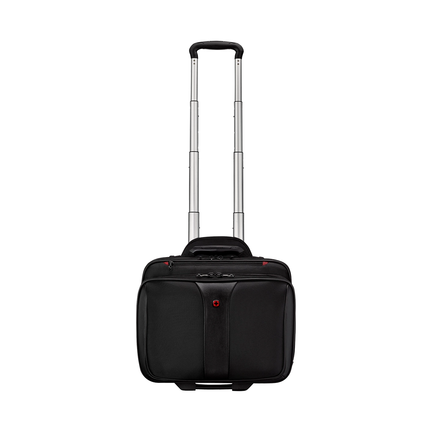 Black rolling suitcase with retractable handle and red logo, perfect for travel.
