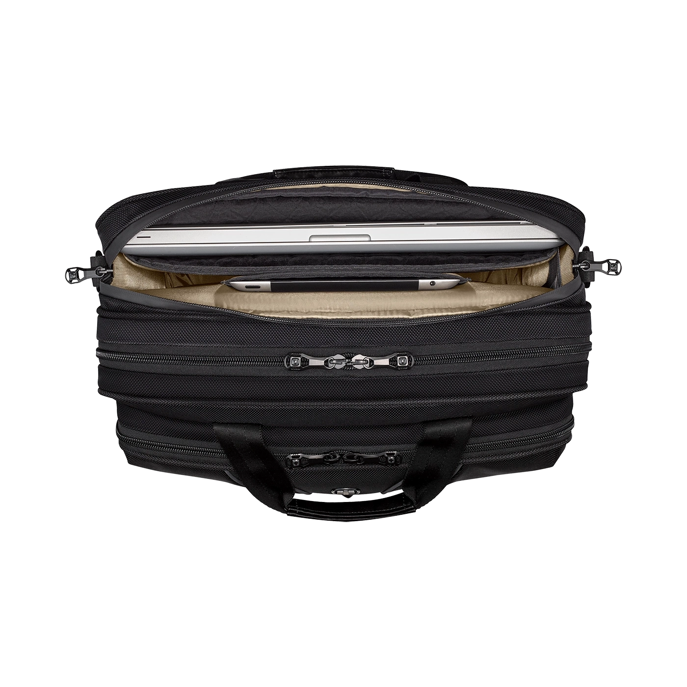 Black briefcase, open, with laptop and tablet, on a light background.