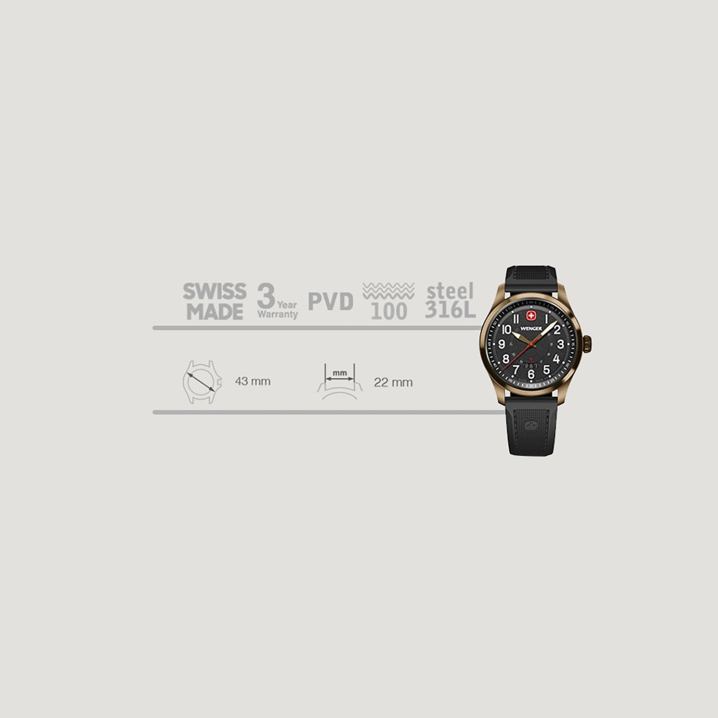 Swiss watch with black dial, 43 mm case, 22 mm band width, steel