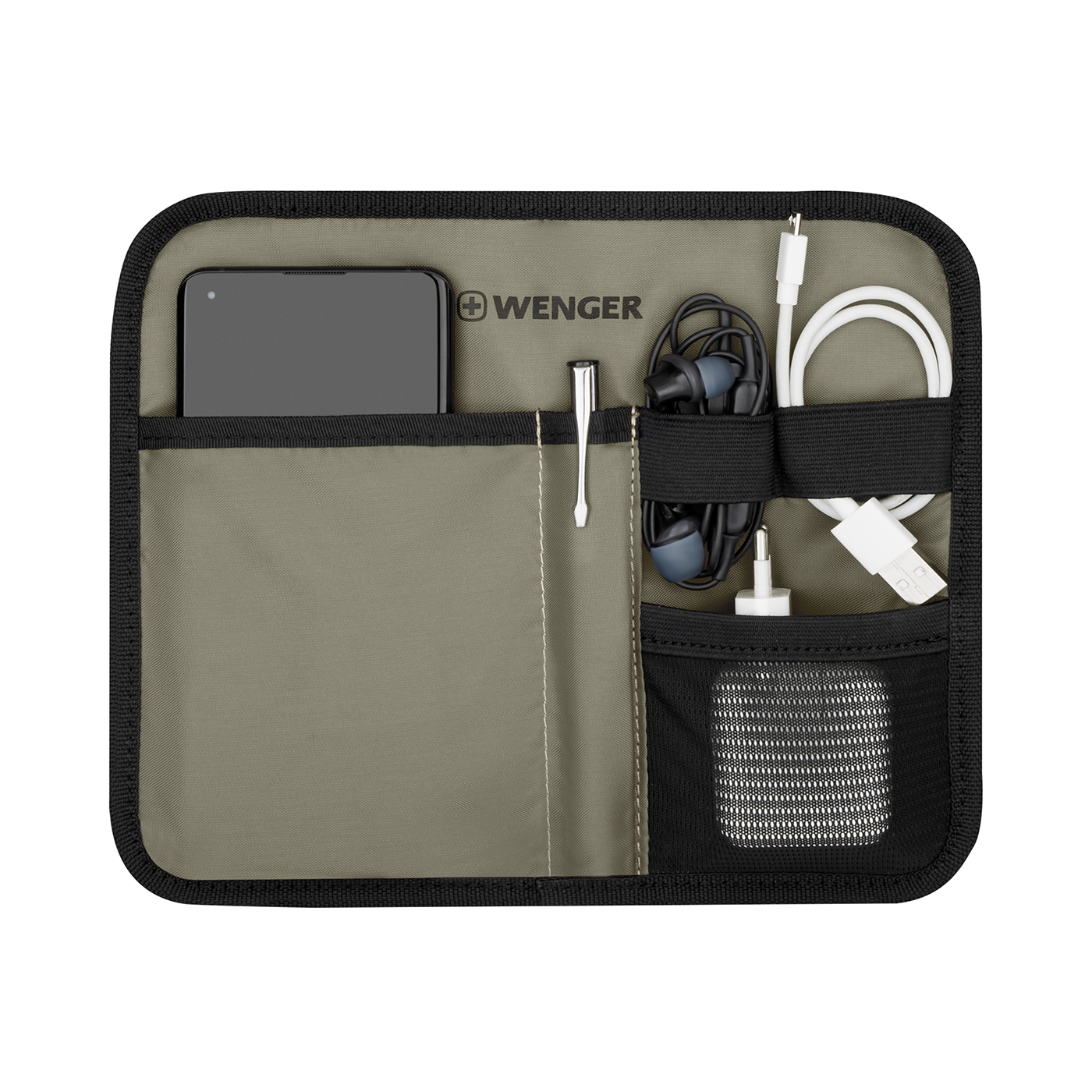 Wenger organizer with smartphone, headphones, and cables in various compartments