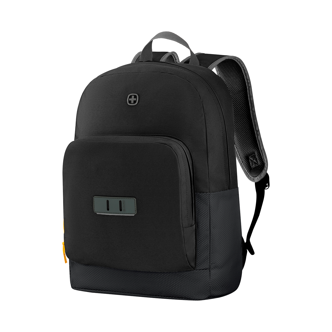 Black backpack with logo and padded straps, perfect for everyday use and travel.