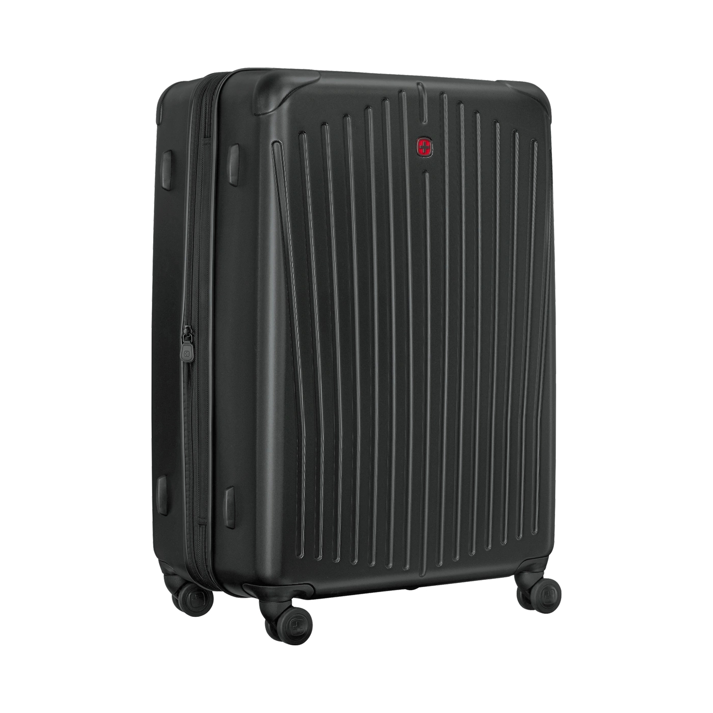 Black suitcase with vertical lines and wheels, isolated on black background.