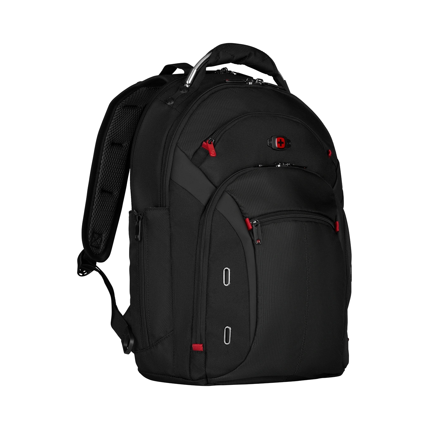 Black backpack with red zippers and Swiss cross logo on a black background.