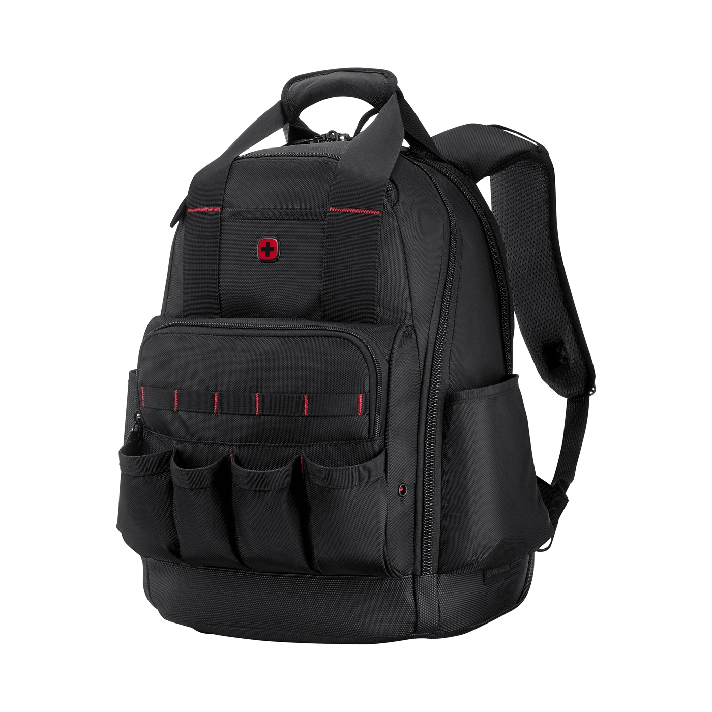 Black backpack with red accents and tool pockets. Top handle and shoulder straps visible.