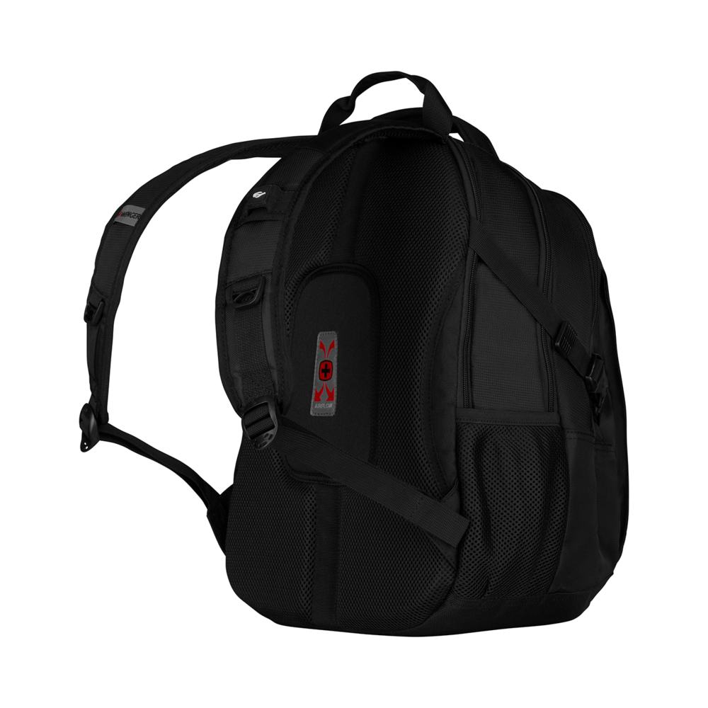 Black backpack with Airflow system, Wenger logo, mesh pockets, straps, and zippers on black background.