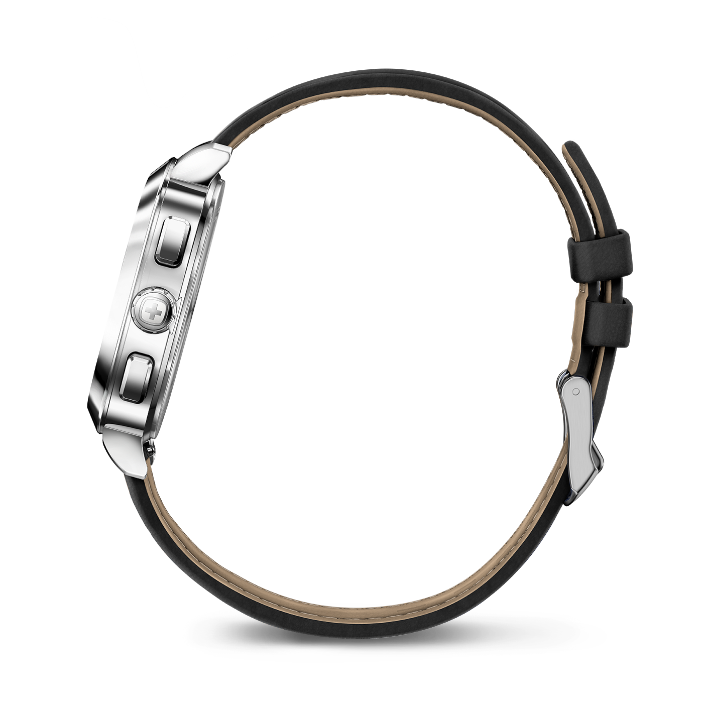 Watch with black leather strap, silver case, and side detail view of the watch